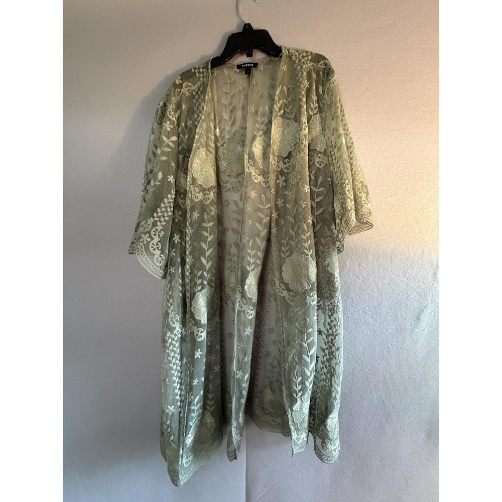 Torrid Blouse Womens 1/2 Green Embroidered Lace Kimono Sheer Open Front Top Boho